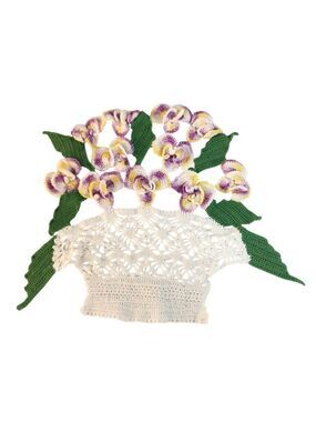 Handcrafted Crochet Floral Wall Décor Vase With Purple & Yellow Flowers And Gree